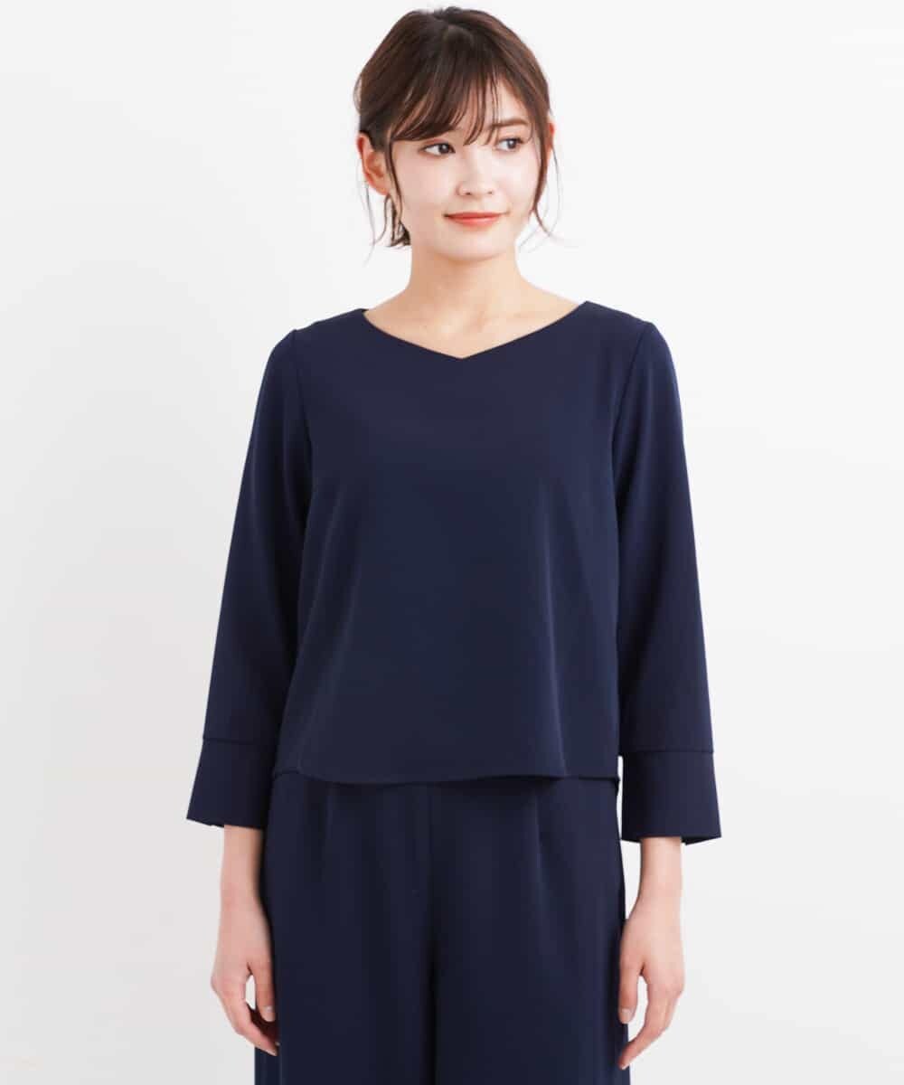 KBEEG08079 a.v.v(アー・ヴェ・ヴェ) 【2点セット】カフススリーブブラウスｘガウチョパンツ[WEB限定サイズ] ネイビー