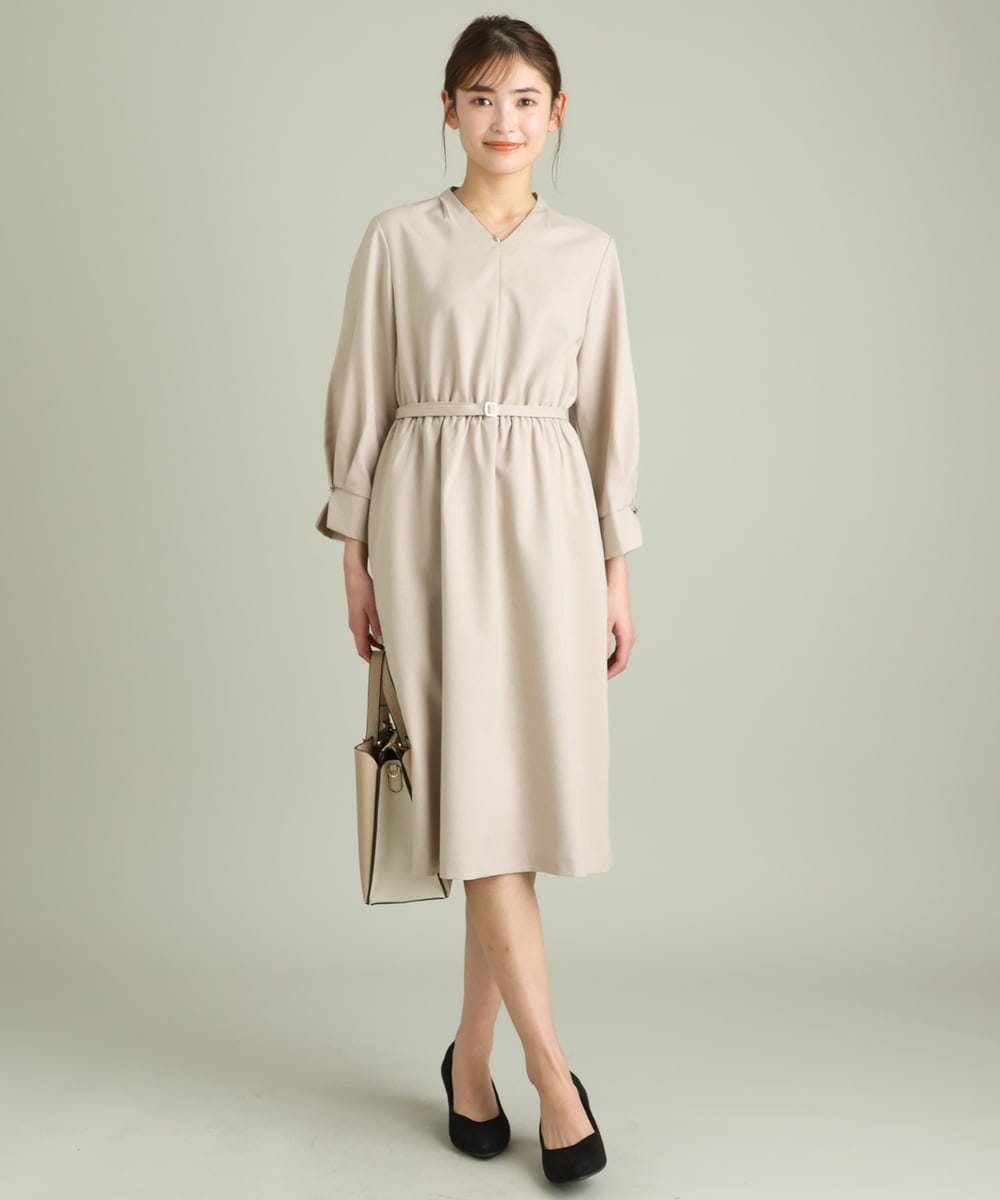 KBEFT20099 a.v.v(アー・ヴェ・ヴェ) 【UVカット/洗える】麻調ストレッチベルテッドワンピース【麻調シリーズ】 ライトグレー