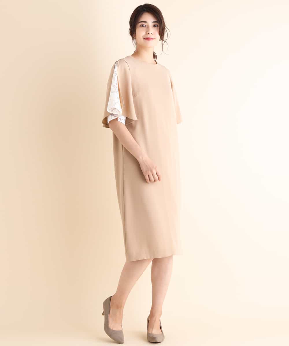 KBEKI04099 a.v.v(アー・ヴェ・ヴェ) 袖フレアサッシュサックワンピース ベージュ