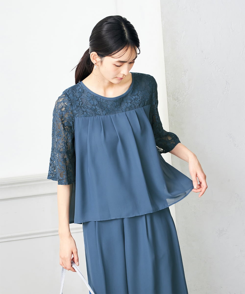 KBETC11149 a.v.v(アー・ヴェ・ヴェ) レースドッキングブラウスパンツセット ブルー