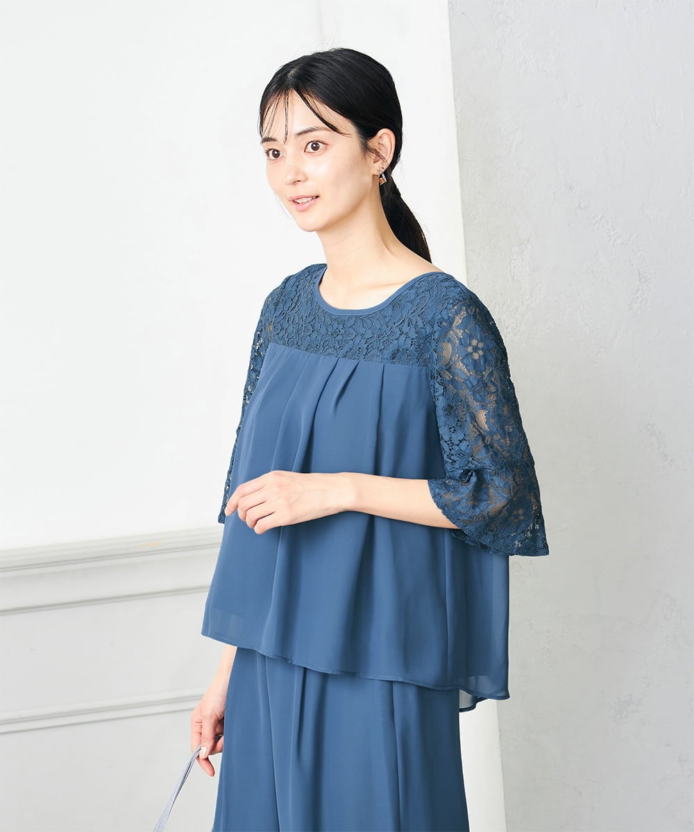 KBETC11149 a.v.v(アー・ヴェ・ヴェ) レースドッキングブラウスパンツセット ブルー