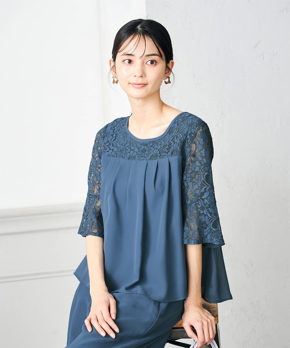 KBETC11149 a.v.v(アー・ヴェ・ヴェ) レースドッキングブラウスパンツセット ブルー