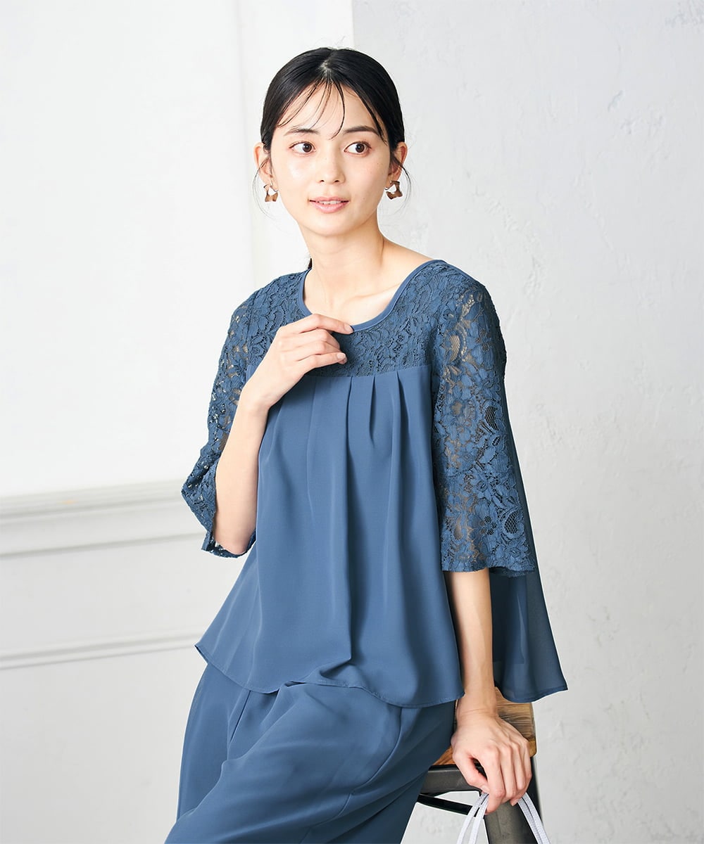 KBETC11149 a.v.v(アー・ヴェ・ヴェ) レースドッキングブラウスパンツセット ブルー