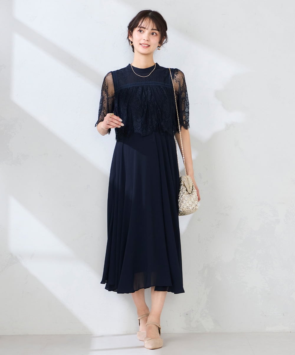 KBETF10159 a.v.v(アー・ヴェ・ヴェ) 【結婚式/お呼ばれに】レースドッキングワンピース ネイビー
