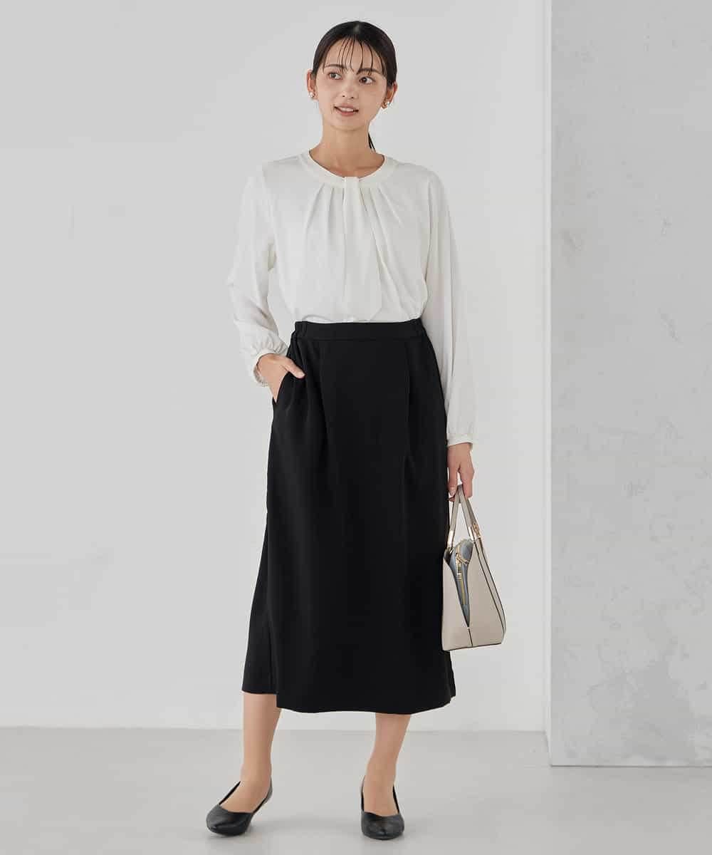 KBHCD03069 a.v.v(アー・ヴェ・ヴェ) サテンナロースカート【洗える/速乾/毛玉になりにくい/イージーケア】 ブラック