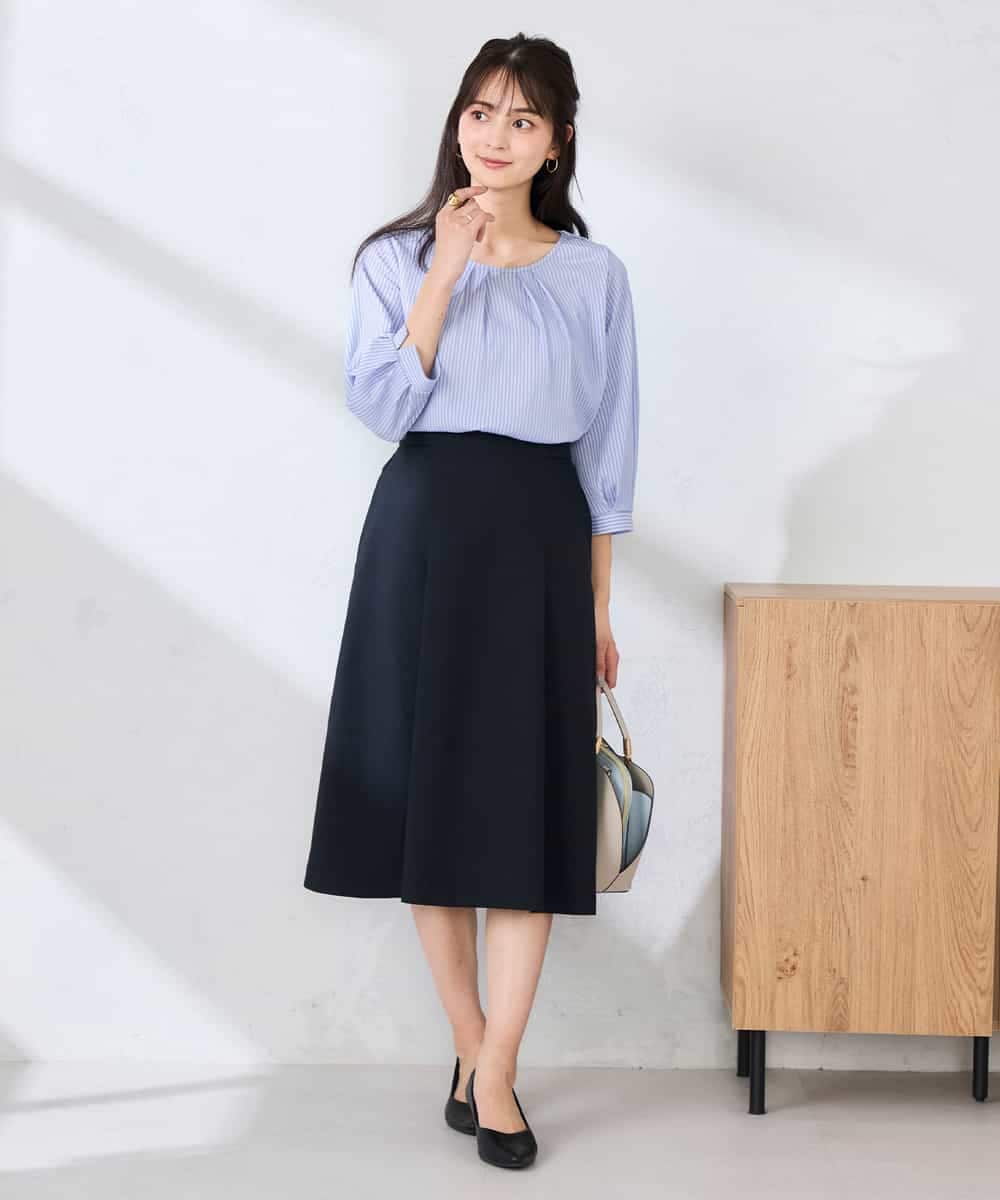 KBHFE20079 a.v.v(アー・ヴェ・ヴェ) 【洗える/UVカット】リネンライクストレッチフレアスカート ネイビー