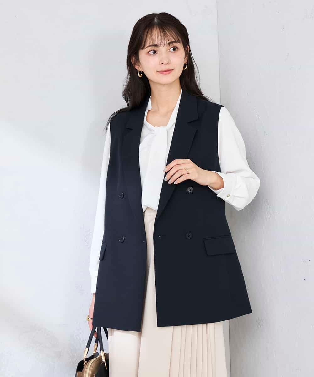 KBJFE20099 a.v.v(アー・ヴェ・ヴェ) 【洗える/UVカット】リネンライクストレッチダブルジレジャケット ネイビー