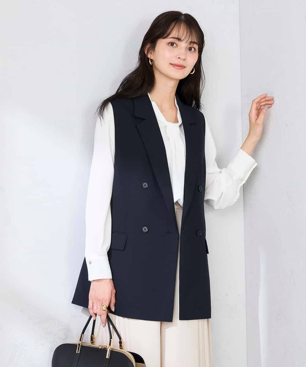 KBJFE20099 a.v.v(アー・ヴェ・ヴェ) 【洗える/UVカット】リネンライクストレッチダブルジレジャケット ネイビー