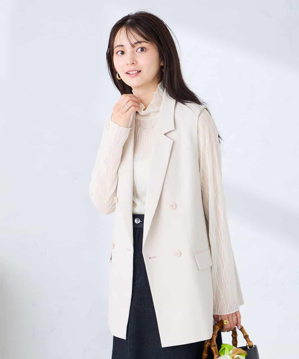 KBJFE20099 a.v.v(アー・ヴェ・ヴェ) 【洗える/UVカット】リネンライクストレッチダブルジレジャケット ネイビー