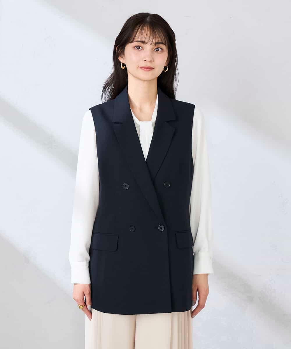 KBJFE20099 a.v.v(アー・ヴェ・ヴェ) 【洗える/UVカット】リネンライクストレッチダブルジレジャケット ネイビー