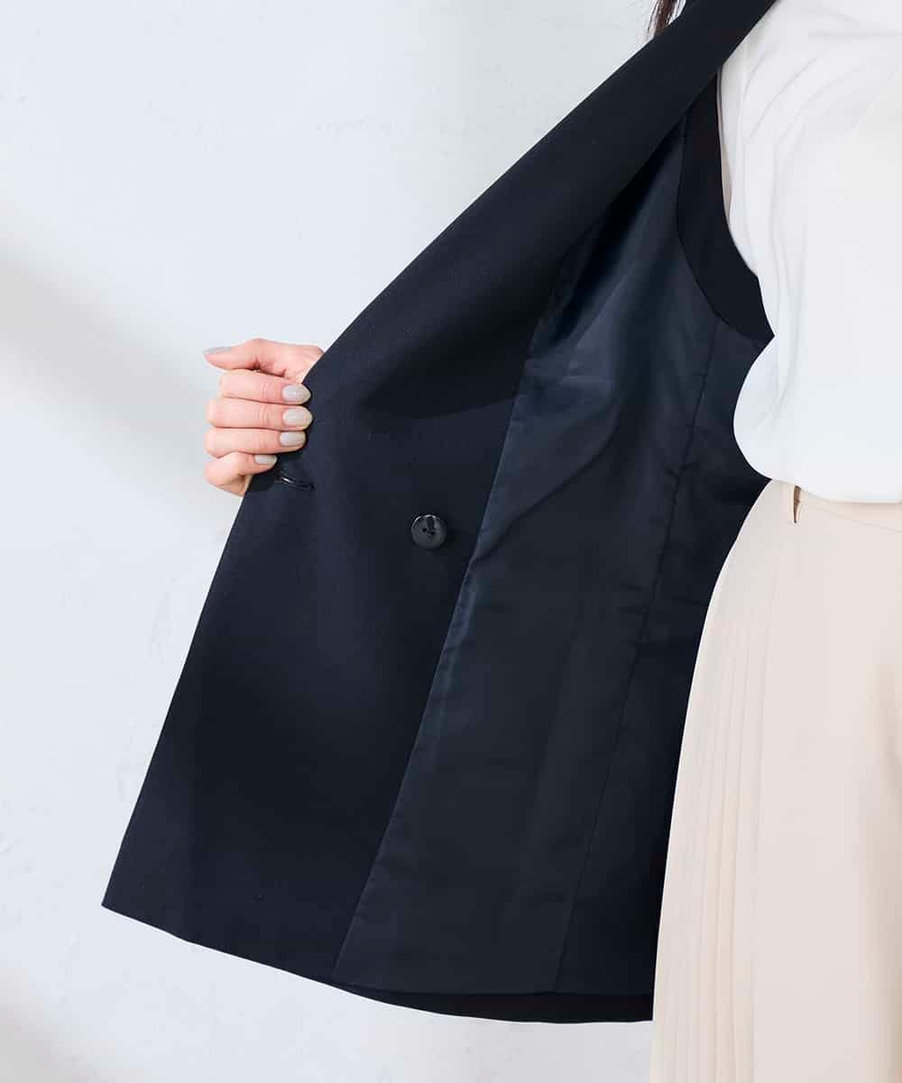 KBJFE20099 a.v.v(アー・ヴェ・ヴェ) 【洗える/UVカット】リネンライクストレッチダブルジレジャケット ネイビー