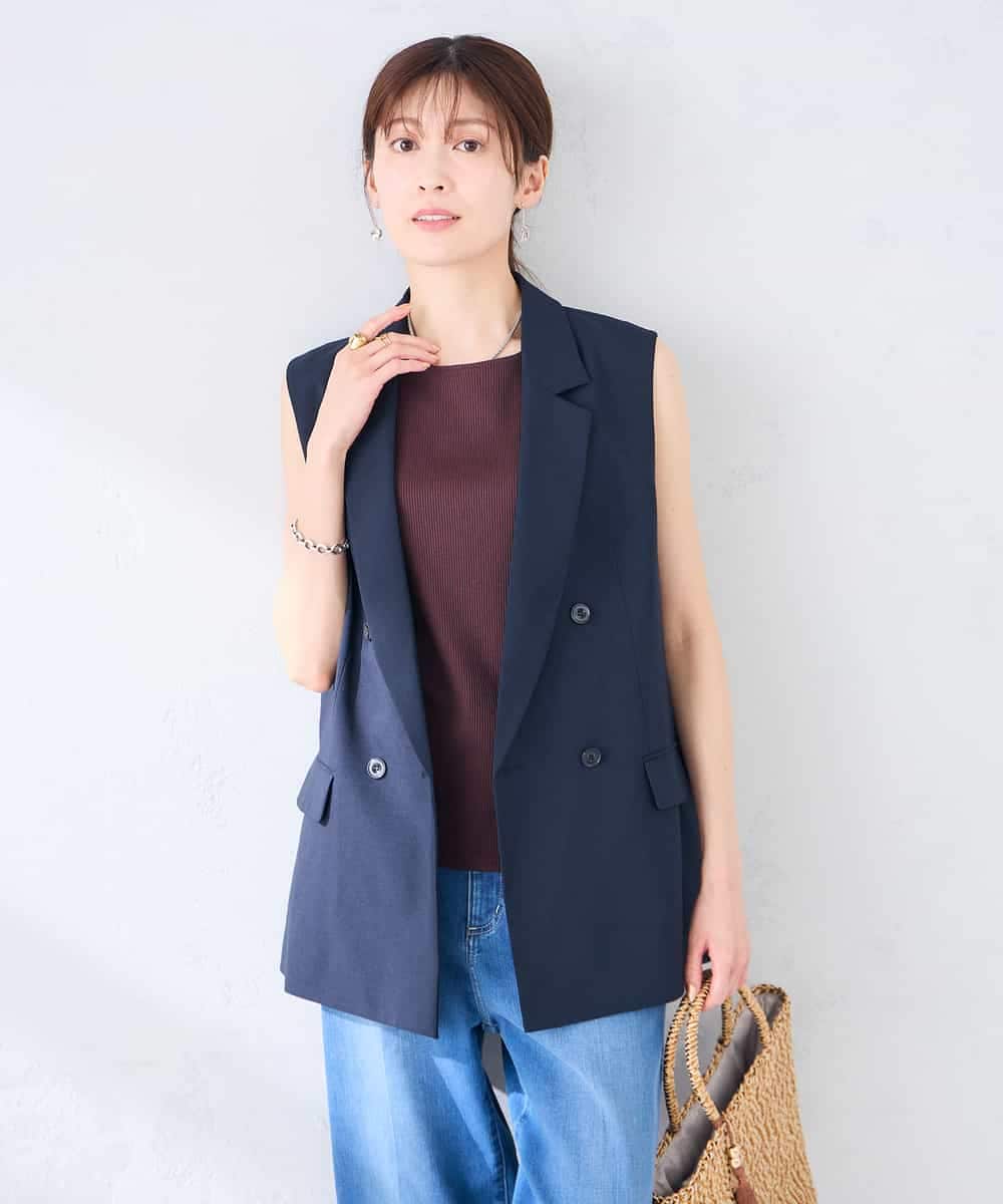 KBJGE30089 a.v.v(アー・ヴェ・ヴェ) 【接触冷感/イージーケア/UVカット/吸水速乾】サマーストレッチダブルジレジャケット ネイビー