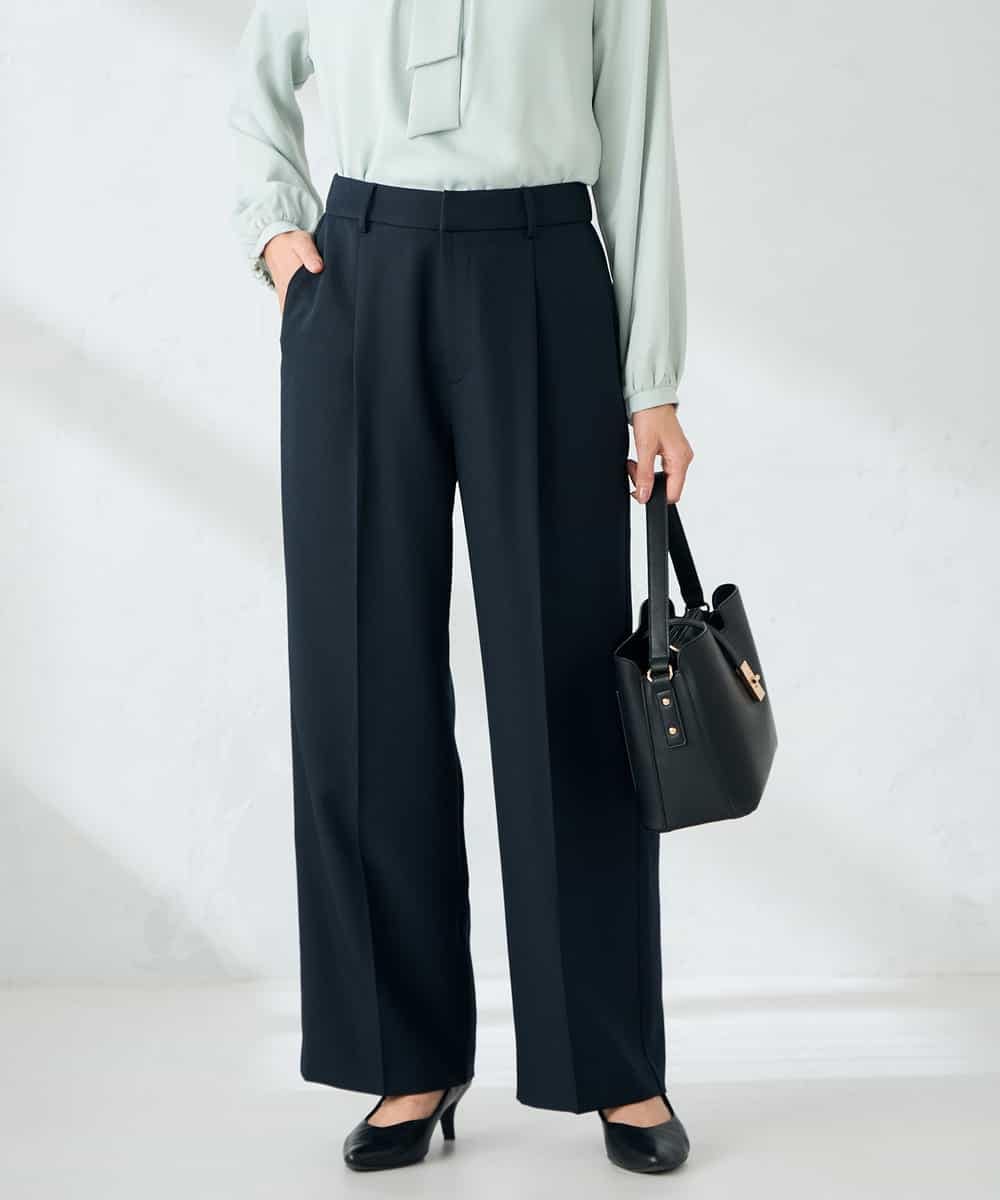 KBLLB13079 a.v.v(アー・ヴェ・ヴェ) 【洗える/イージーケア/ストレッチ】パウダーツイルワイドストレートパンツ ネイビー