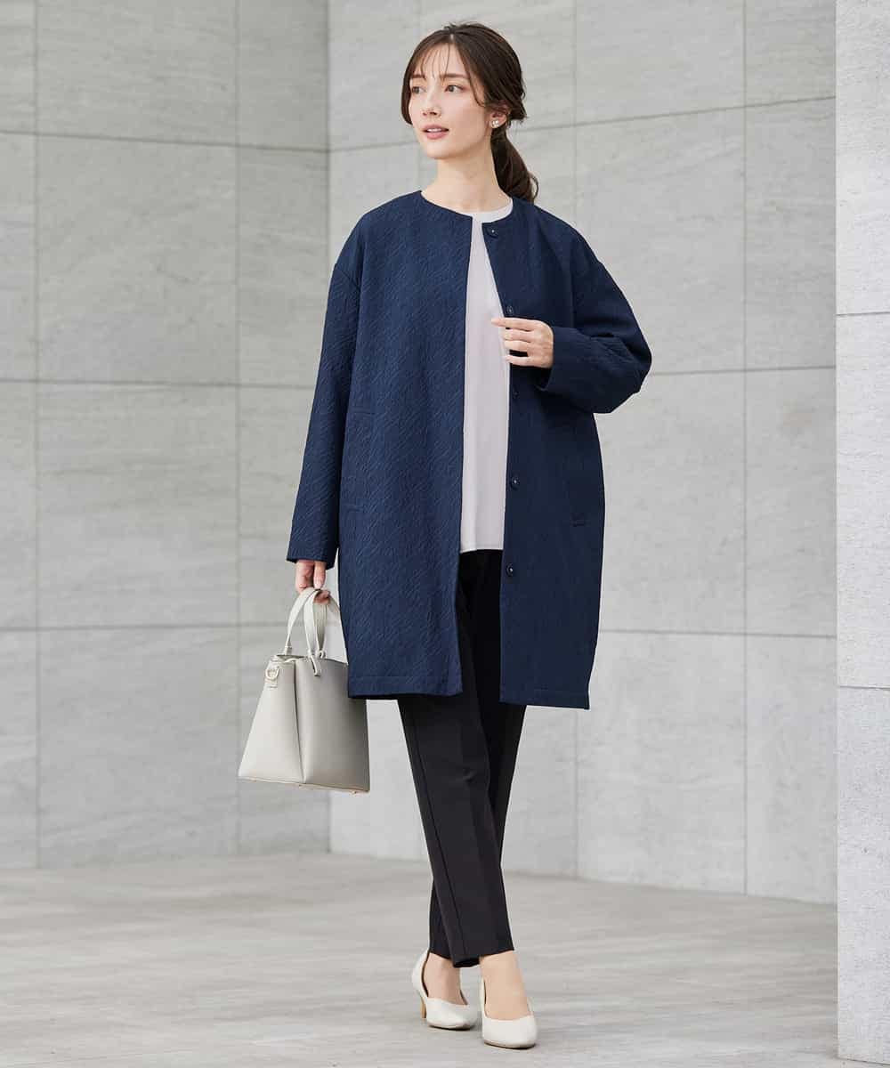 KBUCD02129 a.v.v(アー・ヴェ・ヴェ) ジャガードノーカラーコート ネイビー
