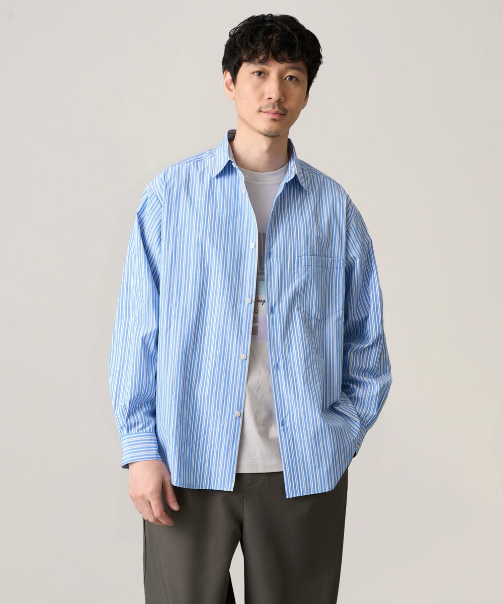 KHBED03064 a.v.v MEN(アー・ヴェ・ヴェ) 【洗濯機で洗える/毛玉になりにくい】ワイドストレッチストライプシャツ ブルー