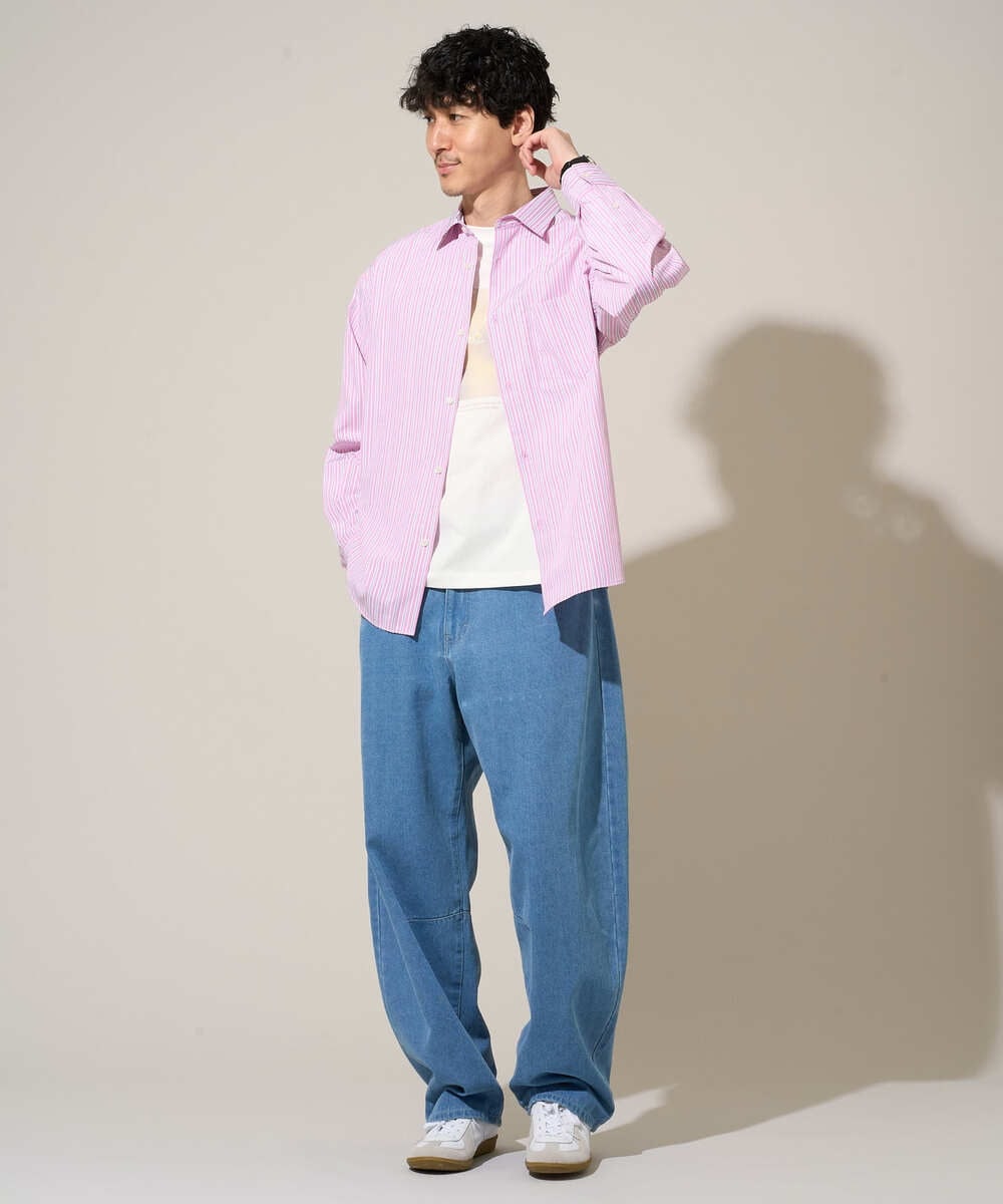 KHBED03064 a.v.v MEN(アー・ヴェ・ヴェ) 【洗濯機で洗える/毛玉になりにくい】ワイドストレッチストライプシャツ ブルー