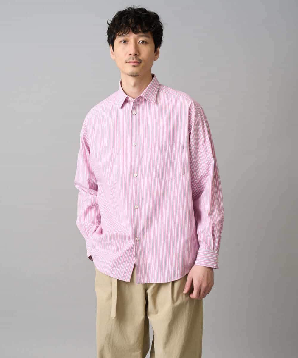 KHBED03064 a.v.v MEN(アー・ヴェ・ヴェ) 【洗濯機で洗える/毛玉になりにくい】ワイドストレッチストライプシャツ ピンク