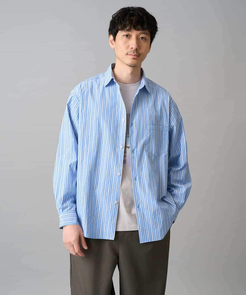 KHBED03064 a.v.v MEN(アー・ヴェ・ヴェ) 【洗濯機で洗える/毛玉になりにくい】ワイドストレッチストライプシャツ ブルー