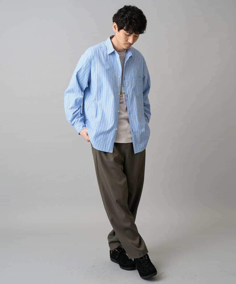 KHBED03064 a.v.v MEN(アー・ヴェ・ヴェ) 【洗濯機で洗える/毛玉になりにくい】ワイドストレッチストライプシャツ ブルー
