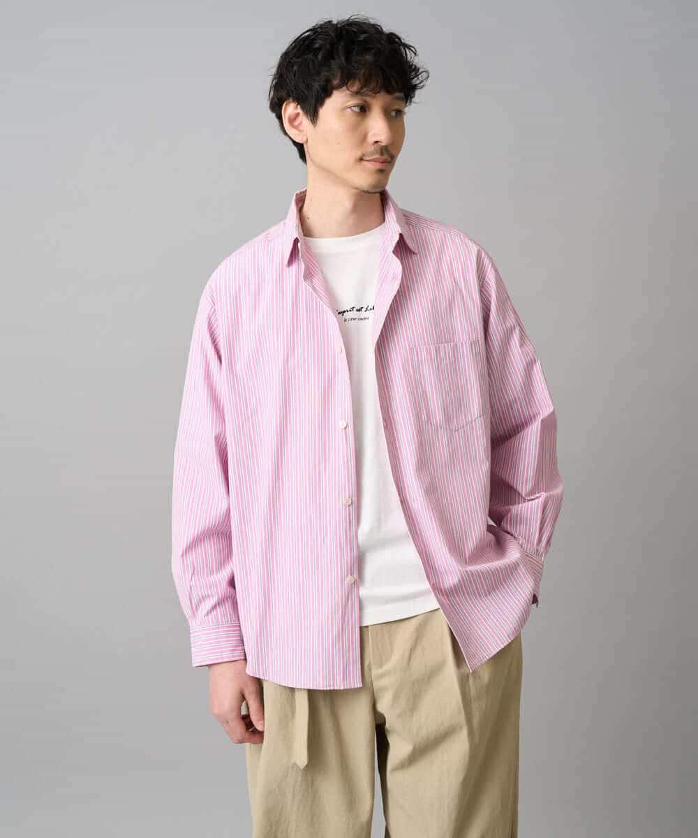 KHBED03064 a.v.v MEN(アー・ヴェ・ヴェ) 【洗濯機で洗える/毛玉になりにくい】ワイドストレッチストライプシャツ ブルー