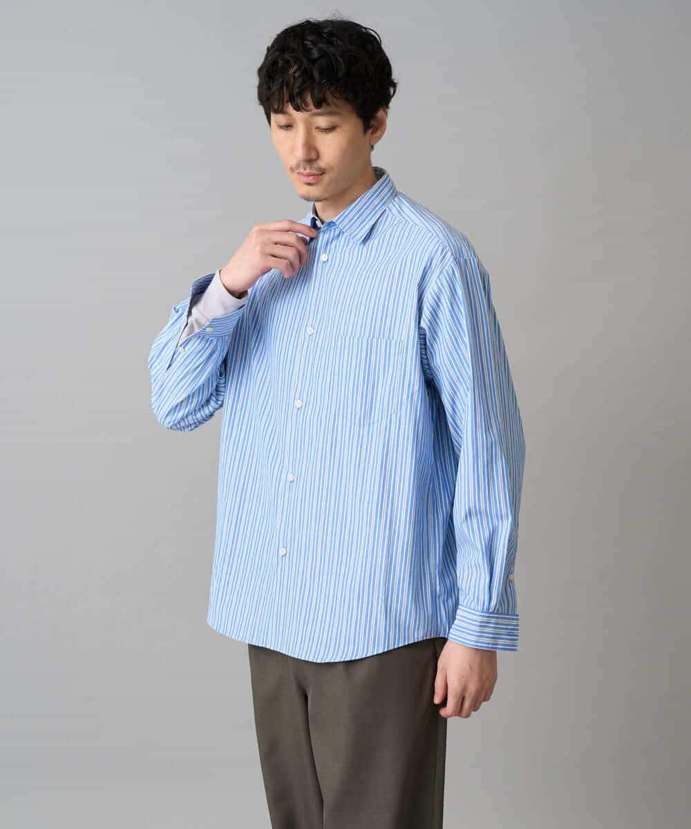 KHBED03064 a.v.v MEN(アー・ヴェ・ヴェ) 【洗濯機で洗える/毛玉になりにくい】ワイドストレッチストライプシャツ ブルー