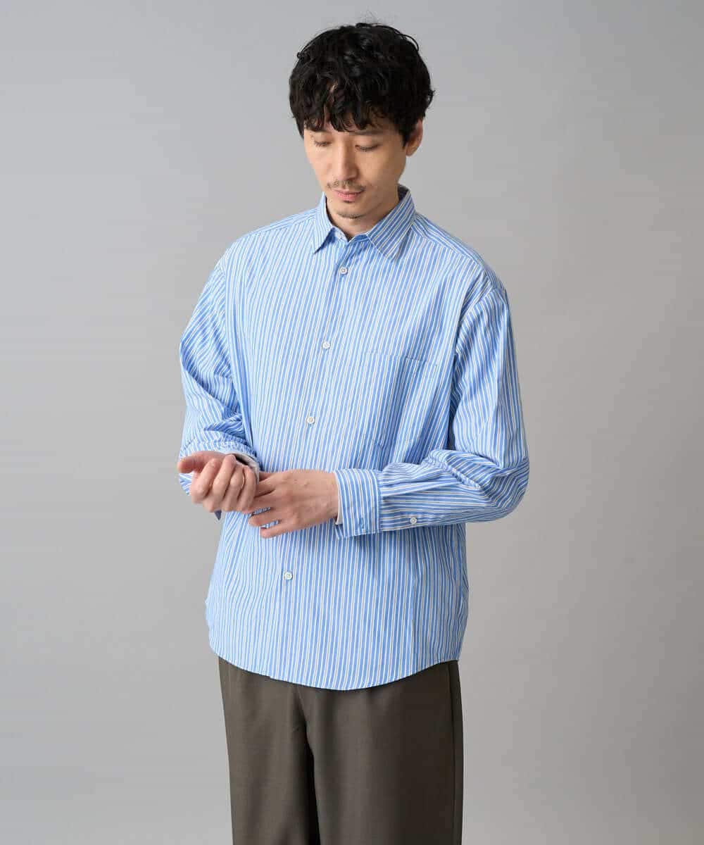 KHBED03064 a.v.v MEN(アー・ヴェ・ヴェ) 【洗濯機で洗える/毛玉になりにくい】ワイドストレッチストライプシャツ ブルー
