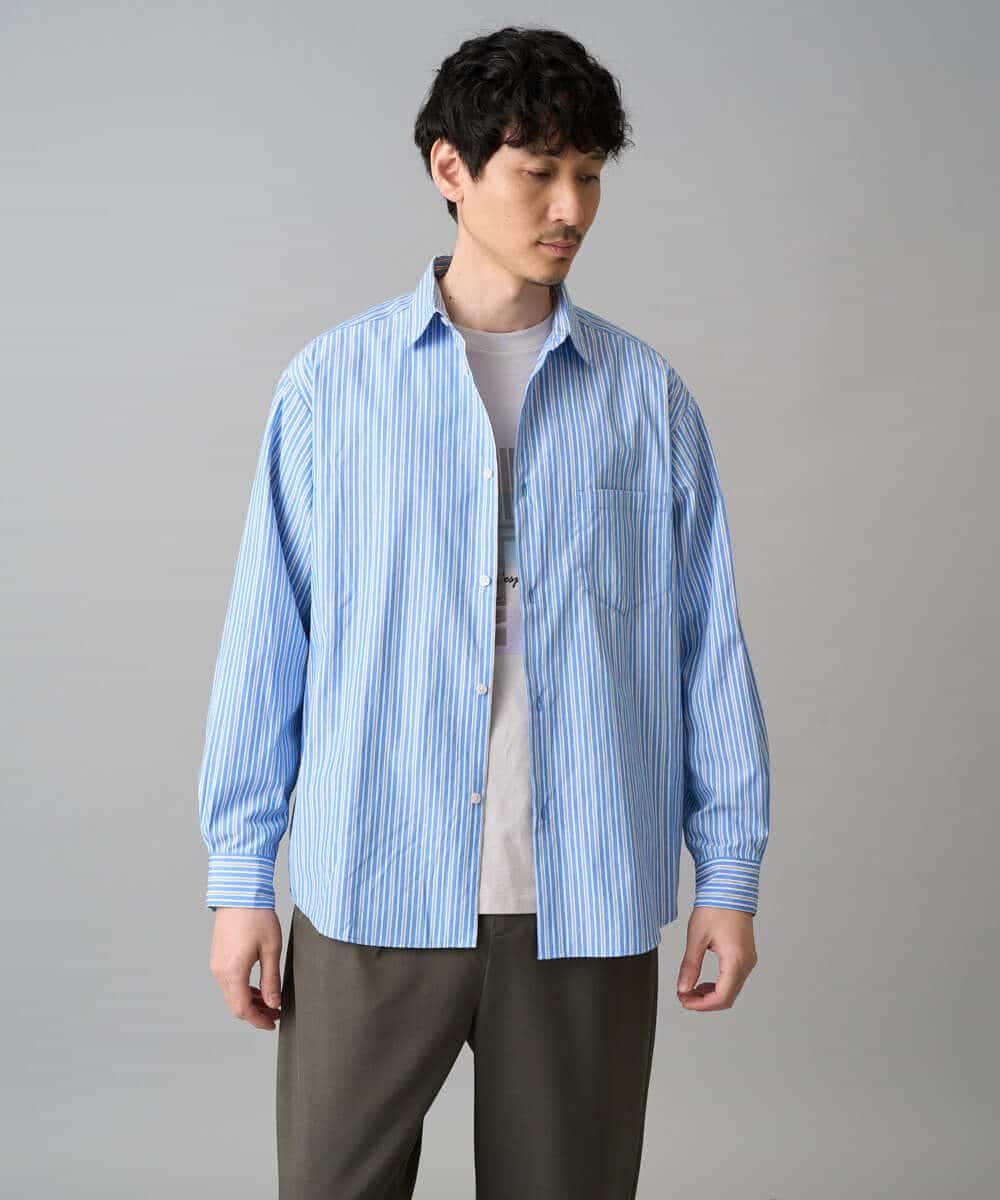 KHBED03064 a.v.v MEN(アー・ヴェ・ヴェ) 【洗濯機で洗える/毛玉になりにくい】ワイドストレッチストライプシャツ ブルー