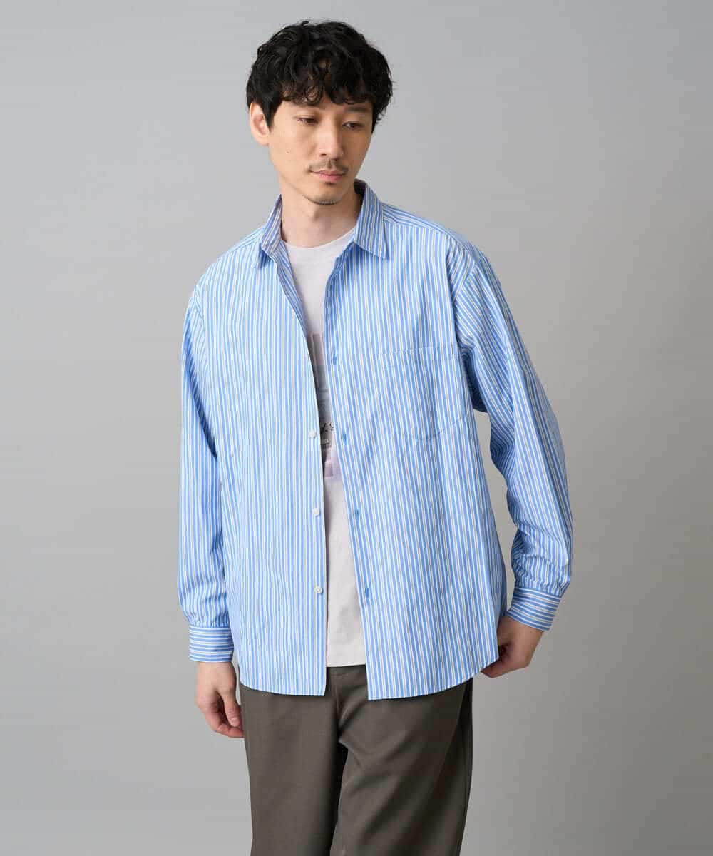KHBED03064 a.v.v MEN(アー・ヴェ・ヴェ) 【洗濯機で洗える/毛玉になりにくい】ワイドストレッチストライプシャツ ブルー