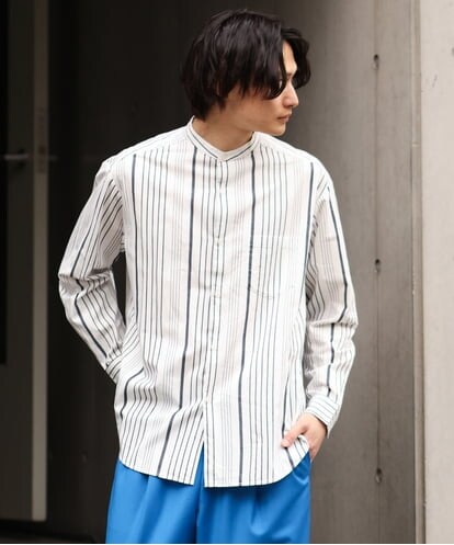 KHBES03054 a.v.v MEN ストライプ柄バンドカラーワイドシャツ
