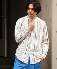 KHBES03054 a.v.v MEN(アー・ヴェ・ヴェ) ストライプ柄バンドカラーワイドシャツ ホワイト