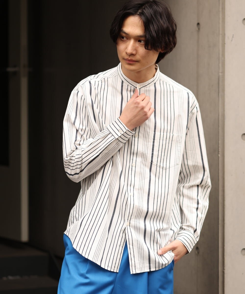 KHBES03054 a.v.v MEN(アー・ヴェ・ヴェ) ストライプ柄バンドカラーワイドシャツ ホワイト