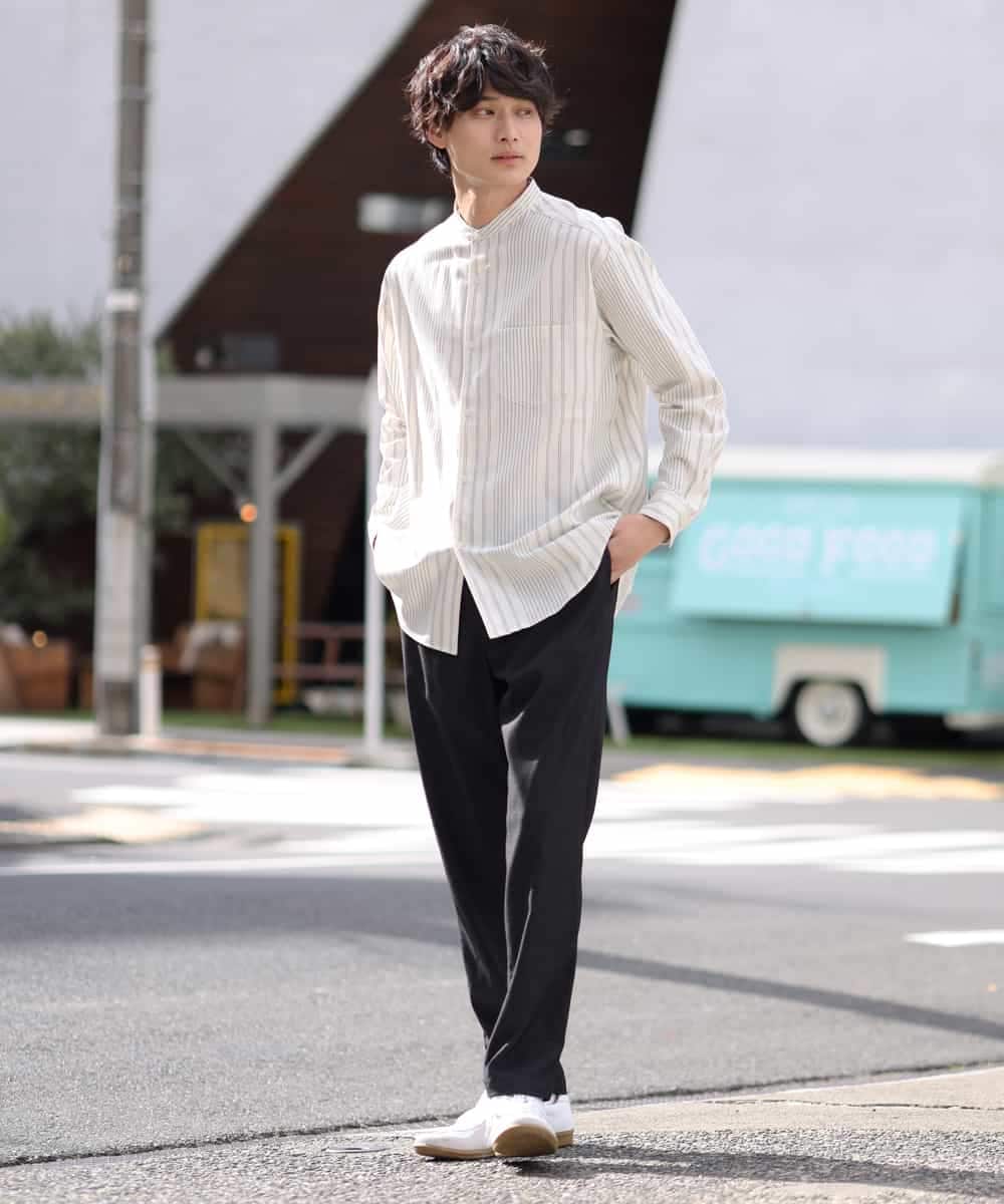 KHBEV03054 a.v.v MEN(アー・ヴェ・ヴェ) ストライプバンドカラーシャツ ブラック（細ストライプ）