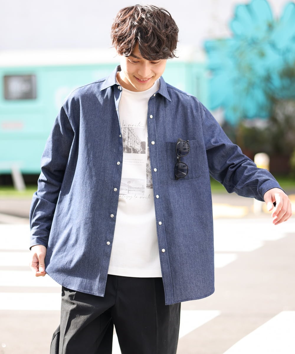 KHBEV06069 a.v.v MEN(アー・ヴェ・ヴェ) ワイドシルエットデニムシャツ ライトブルー