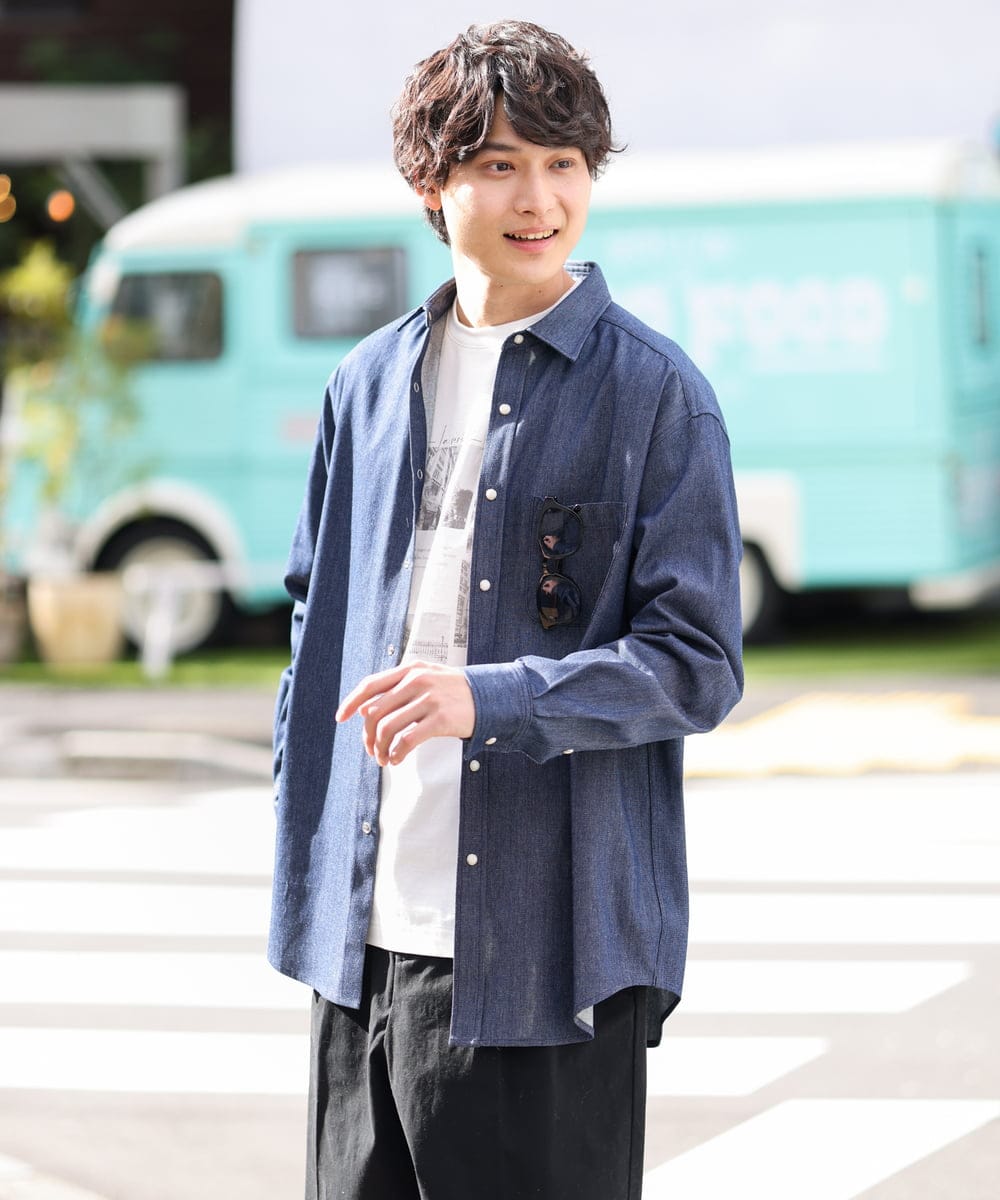 KHBEV06069 a.v.v MEN(アー・ヴェ・ヴェ) ワイドシルエットデニムシャツ ライトブルー