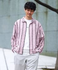 KHBFD11079 a.v.v MEN(アー・ヴェ・ヴェ) 真夏もお任せの涼しい長袖シャツ【洗濯機で洗える】透かしストライプ ワイドシルエットシャツ ピンク