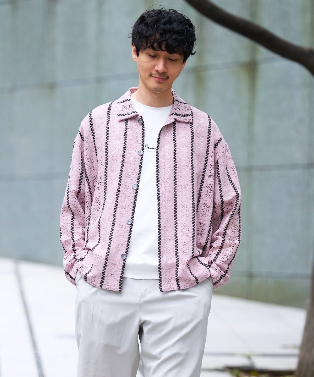 KHBFD11079 a.v.v MEN(アー・ヴェ・ヴェ) 真夏もお任せの涼しい長袖シャツ【洗濯機で洗える】透かしストライプ ワイドシルエットシャツ ピンク