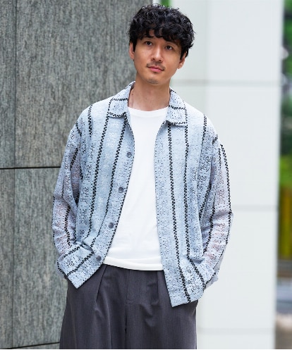 KHBFD11079 a.v.v MEN 【洗濯機で洗える】透かしストライプ ワイドシルエットシャツ