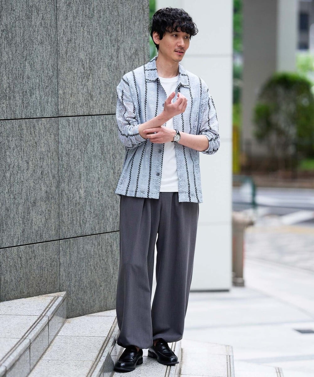 KHBFD11079 a.v.v MEN(アー・ヴェ・ヴェ) 真夏もお任せの涼しい長袖シャツ【洗濯機で洗える】透かしストライプ ワイドシルエットシャツ ライトブルー