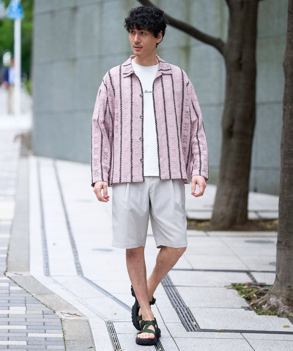 KHBFD11079 a.v.v MEN(アー・ヴェ・ヴェ) 真夏もお任せの涼しい長袖シャツ【洗濯機で洗える】透かしストライプ ワイドシルエットシャツ ライトブルー