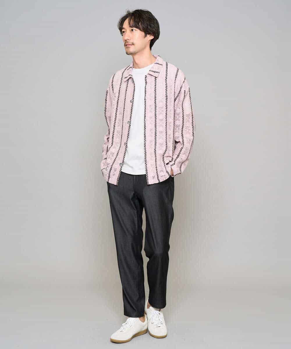 KHBFD11079 a.v.v MEN(アー・ヴェ・ヴェ) 【洗濯機で洗える】透かしストライプ ワイドシルエットシャツ ライトブルー