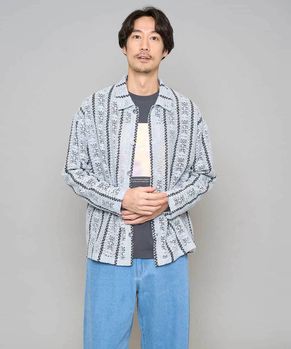 KHBFD11079 a.v.v MEN(アー・ヴェ・ヴェ) 【洗濯機で洗える】透かしストライプ ワイドシルエットシャツ ライトブルー