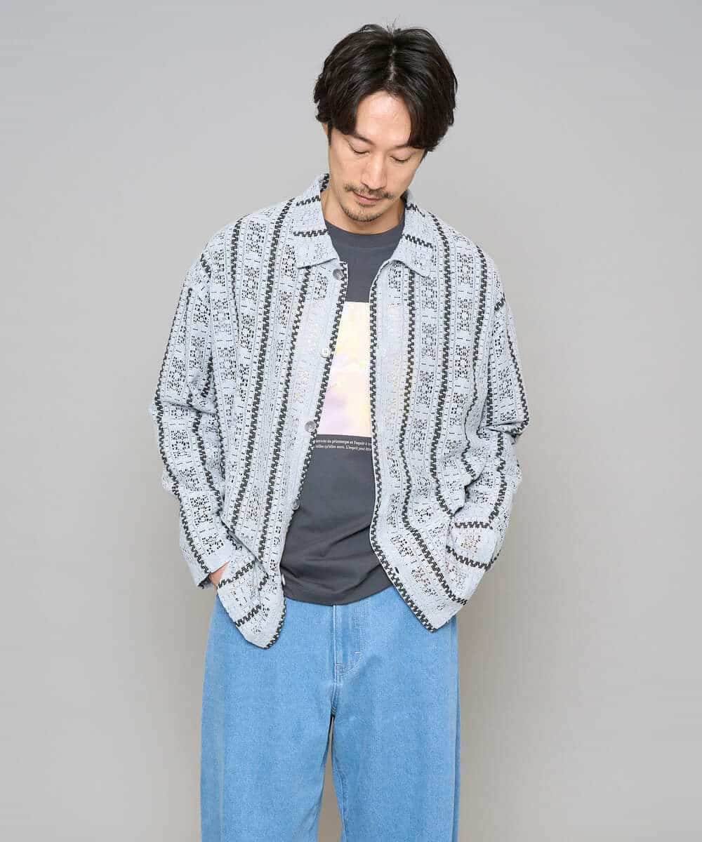 KHBFD11079 a.v.v MEN(アー・ヴェ・ヴェ) 【洗濯機で洗える】透かしストライプ ワイドシルエットシャツ ライトブルー