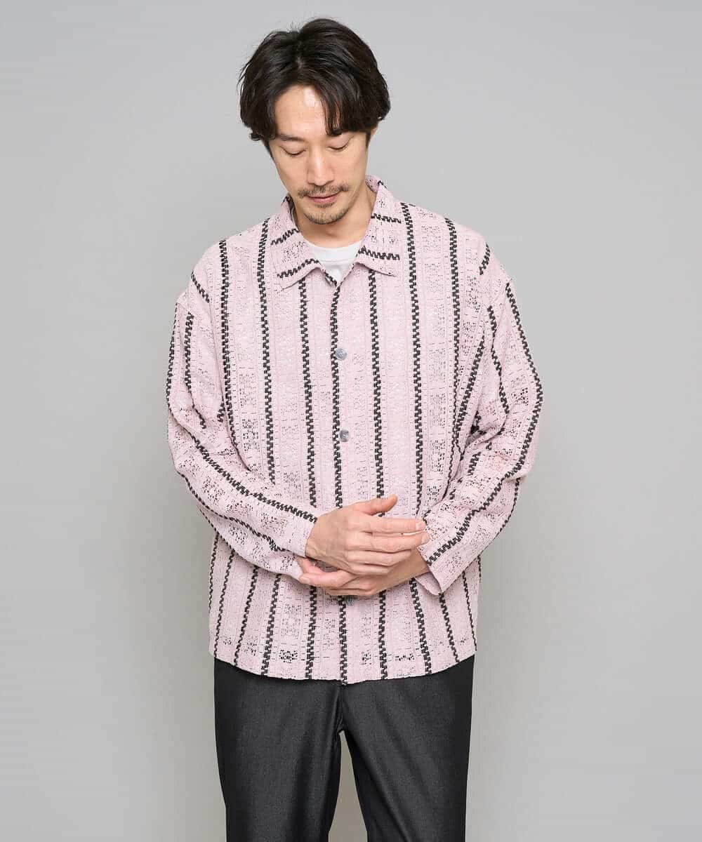 KHBFD11079 a.v.v MEN(アー・ヴェ・ヴェ) 【洗濯機で洗える】透かしストライプ ワイドシルエットシャツ ライトブルー