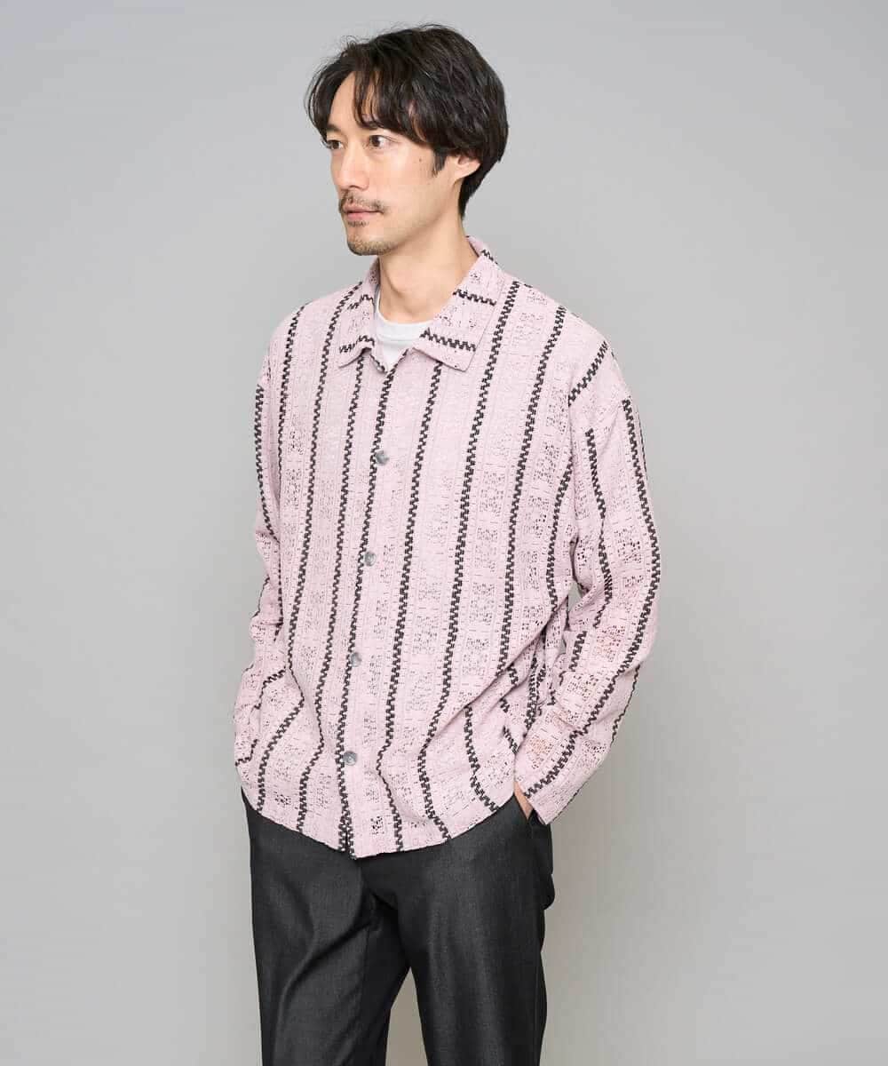 KHBFD11079 a.v.v MEN(アー・ヴェ・ヴェ) 【洗濯機で洗える】透かしストライプ ワイドシルエットシャツ ライトブルー