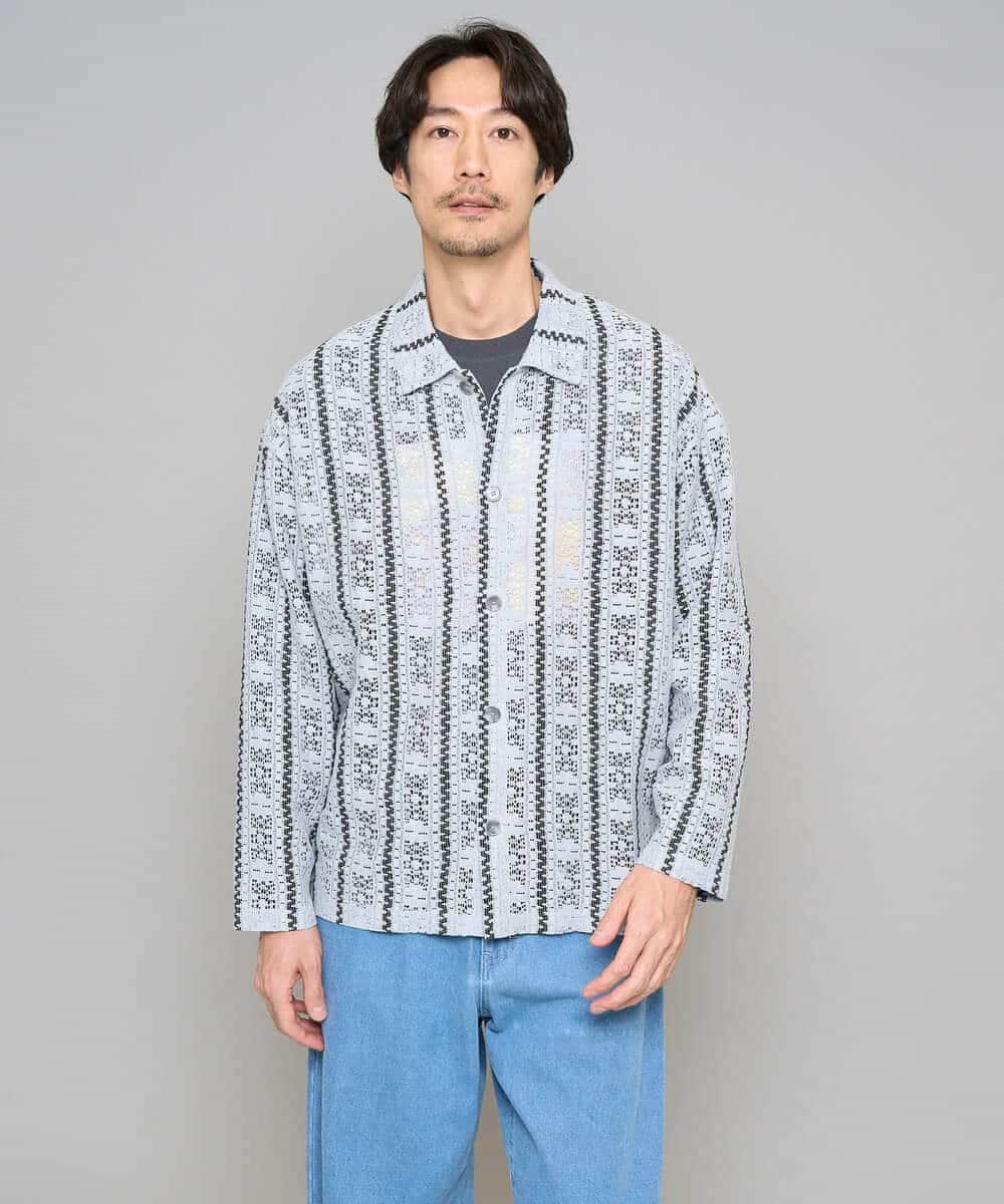 KHBFD11079 a.v.v MEN(アー・ヴェ・ヴェ) 【洗濯機で洗える】透かしストライプ ワイドシルエットシャツ ライトブルー