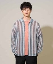 KHBFD12079 a.v.v MEN(アー・ヴェ・ヴェ) 夏のお洒落羽織【洗濯機で洗える】レースストライプワイドシルエットシャツ ライトブルー