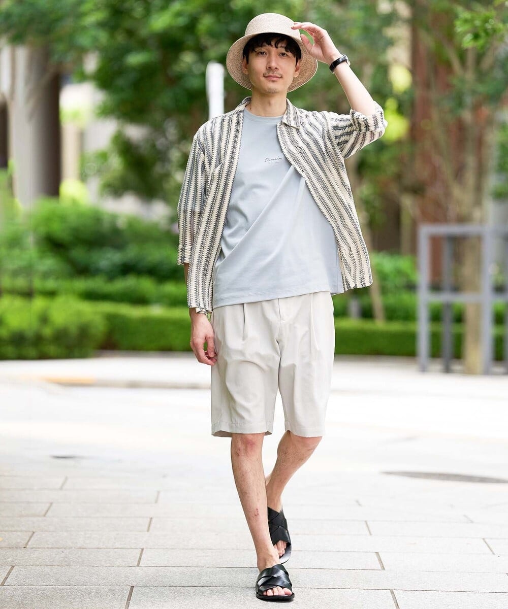 KHBFD12079 a.v.v MEN(アー・ヴェ・ヴェ) 夏のお洒落羽織【洗濯機で洗える】レースストライプワイドシルエットシャツ アイボリー