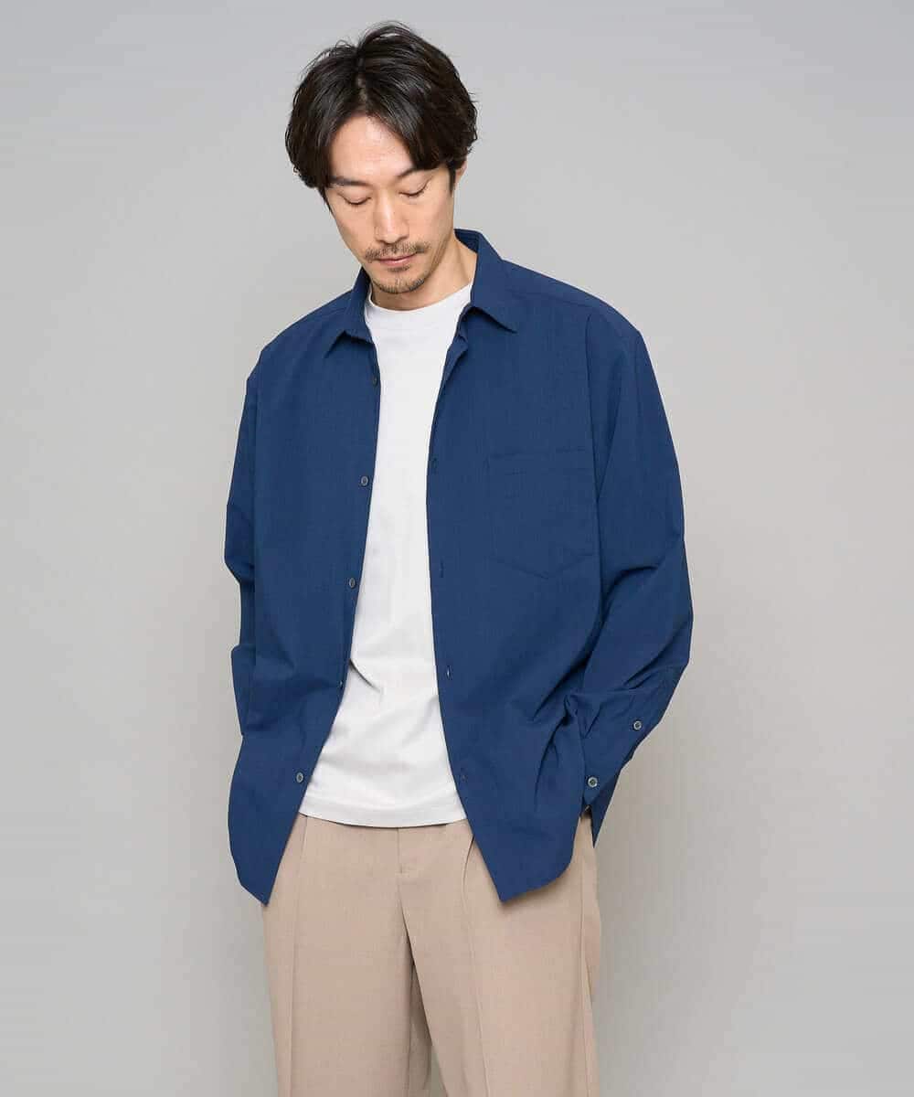 KHBFD17054 a.v.v MEN(アー・ヴェ・ヴェ) 【イージーケア/洗濯機で洗える/速乾/毛玉になりにくい/ストレッチ】リライトワイドシルエットシャツ ネイビー