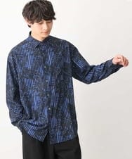 KHBFV11069 a.v.v MEN(アー・ヴェ・ヴェ) 【人気の柄シャツ】プリントワイドシルエットシャツ ネイビー（ストライプフラワ-柄）