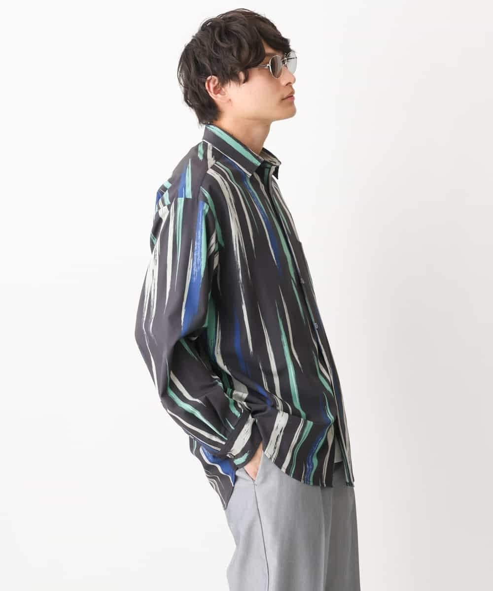 KHBFV11069 a.v.v MEN(アー・ヴェ・ヴェ) 【人気の柄シャツ】プリントワイドシルエットシャツ ネイビー（ストライプフラワ-柄）